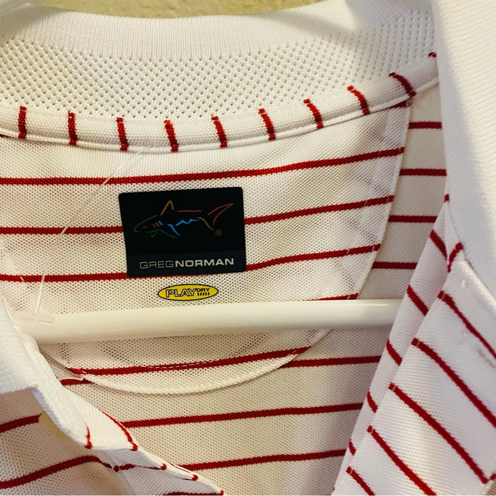 ⭐️ GREG NORMAN NWT Pink & White Stripe Polo Moisture Wicking - Picture 3 of 7